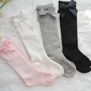 Baby Girl Knee High Socks with Bow, Toddler Long Cotton Socks, Pretty Dressy Socks for 1st Birthday Outfit, Princess Party Accessories