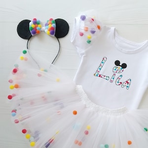 Cute Pompom Toddler Costume, Birthday Tutu Dress, Baby Girl Tutu Suit with Mouse Ears Headband, Tutu Skirt & Custom Tshirt, Girls Outfit