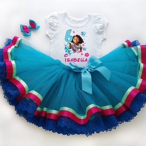 Traje de tutú de cumpleaños para niña, fiesta de cumpleaños de princesa, vestido de tutú azul para niña pequeña, traje de bebé personalizado, princesa Isabela Madrigal Encanto