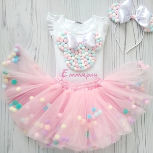 Cute Princess Dress, First Birthday Dress, Pink Tutu with Personalized T-shirt, Pom-Pom Skirt for Toddler, Tutu Pom-pom, 2nd Birthday Dress