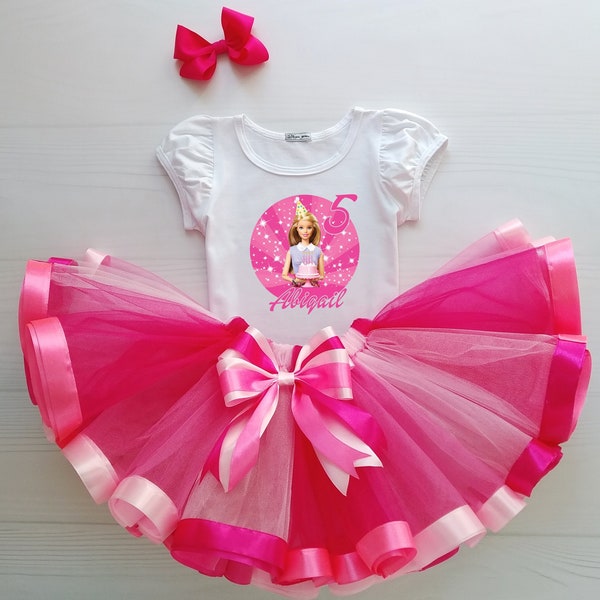 Pink Girls Personalized Outfit, Flowers Girl Dress, Personalized T-shirt 3 Birthday, Pink Tulle Tutu, Custom Girls Clothes, Baby Girl Tutu