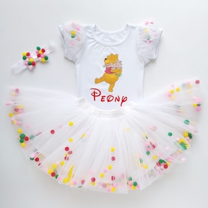 Cute White Tutu with Colorful Pompom, 1st Birthday Baby Tutu Outfit, Toddler Personalized Costume, Fluffy Tulle Skirt and Custom Name Tshirt
