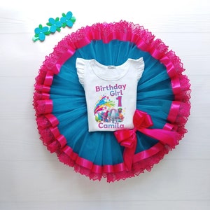 Traje de cumpleaños con tutú, tutú para primer cumpleaños, vestido de fiesta para niñas, falda de cinta de tul azul y rosa fuerte, traje de cumpleaños personalizado para niña