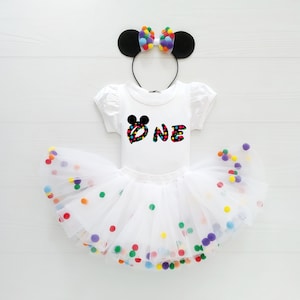 Colorful Pom‑Pom Tutu Dress Set For Girls, First Birthday Pompom Tutu Dress With Mouse Ears Headband, Cute Tutu Outfit For Party Photo