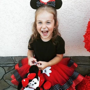 Polka Dot Tutu Set, Black & Red Tutu Dress for Baby Girl with Mouse Ears Headband, Toddler Party Outfit, Pretty Fluffy Tulle Skirt and Shirt