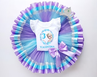 Purple & Blue Custom Birthday Tshirt with Tutu, Princess Tutu Outfit, Party Toddler Costume, Full Bow Skirt for Baby Girl, Gift for Daughter