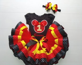 Girls First Birthday Tutu Set, Red Yellow Black Polka Dot Tulle Dress, Personalized Party Outfit, Baby Girl Birthday Skirt and Top