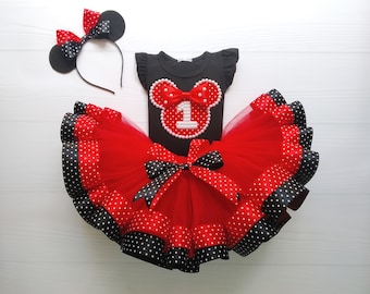 1st Birthday Tutu Dress for Baby Girl, Red Black Minnie Mouse Outfit, Cake Smash Dress, Toddler Tulle Birthday Dress