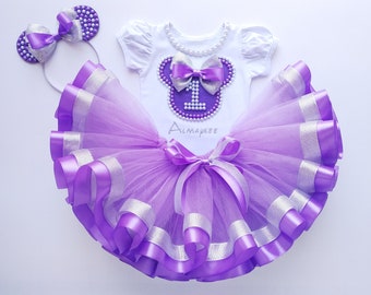 紫色のチュチュドレス、ミニーマウスの誕生日衣装、名入れ可能なチュールドレス、幼児用チュチュスカート、リボン付きチュチュ、プリンセスギフト