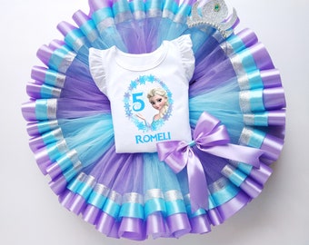 Girls Birthday Tutu Set with Name, Custom Purple Blue Tutu Outfit, Personalized Birthday Shirt, Cake Smash Outfit