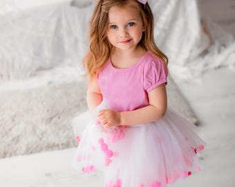Toddler Girl Tutu Dress, Pink Tulle Dress For Baby Girl, Birthday Outfit For Girls, Pom Pom Skirt Dress, Summer Party Dress