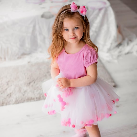 Toddler Girl Tutu Dress, Pink Tulle Dress for Baby Girl, Birthday Outfit for Girls, Pom Pom Skirt Dress, Summer Party Dress