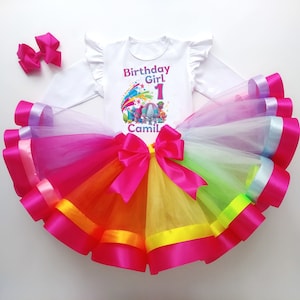Colorful Tutu Birthday Outfit For Girl, Custom First Birthday Dress, Rainbow Party Tutu Set With Name, Toddler Girl Outfit Gift