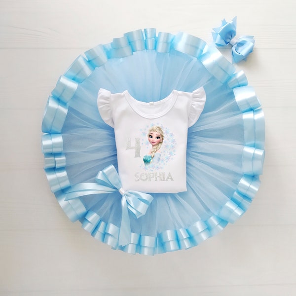 Ensemble tutu bleu princesse Bday, t-shirt avec jupe tenue 4e anniversaire, joli tutu en tulle pour bébé fille, gâteau personnalisé, robe de reconstitution historique pour bébé