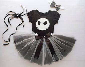 Baby Tutu Dress Set with Skeleton Face Print, Toddler Girl Personalized Costume, Baby Girl Nightmare Black & Silver Tutu, Tutu Skirt Outfit
