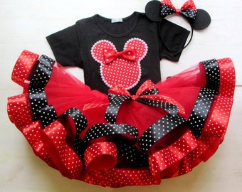 ミニーマウスのチュチュドレス、カスタム1歳の誕生日衣装、女の子用水玉ドレス、赤と黒のリボントリムチュールスカート、幼児用チュチュセット