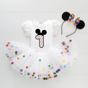 Jupe à pompons colorée avec bandeau, tenue d'anniversaire tutu blanc pour bébé fille, look de fête de première année, idée cadeau amusante pour toute-petite