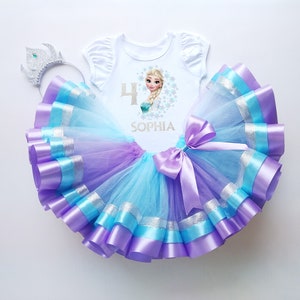 Geburtstag Regenbogen Tutu Set, 4. Geburtstag thematische Party, Benutzerdefinierte 4. Geburtstag T-Shirt mit Tutu Set, Band Tüll Tutu, Elsa Geburtstags-Outfit