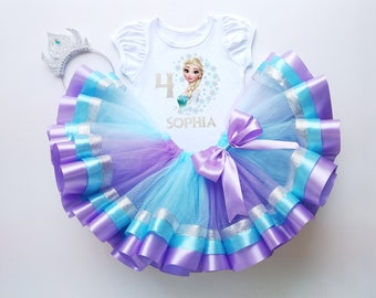 Birthday Rainbow Tutu Set, 4th Birthday Thematic Party, Custom 4th Birthday T-Shirt with Tutu Set, Ribbon Tulle Tutu, Elsa Birthday Outfit
