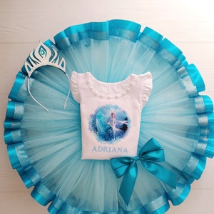 Blue Princess Dress, Toddler Birthday Party Outfit with Headband, Tulle Skirt with Bow & Custom Shirt for Baby Girl, Cake Smash Outfit Girl