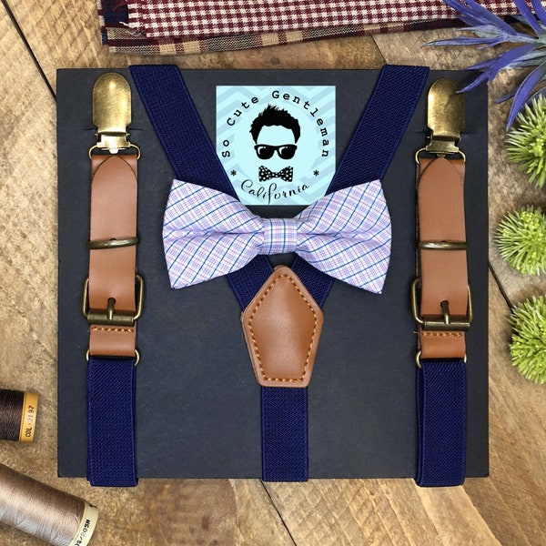 Boys Navy Blue Suspenders and Light Purple Plaid Bow Tie Set, Wedding Suspenders, BowTie, Boys Bow Tie Set, Baby Bowtie for Birthday Kids