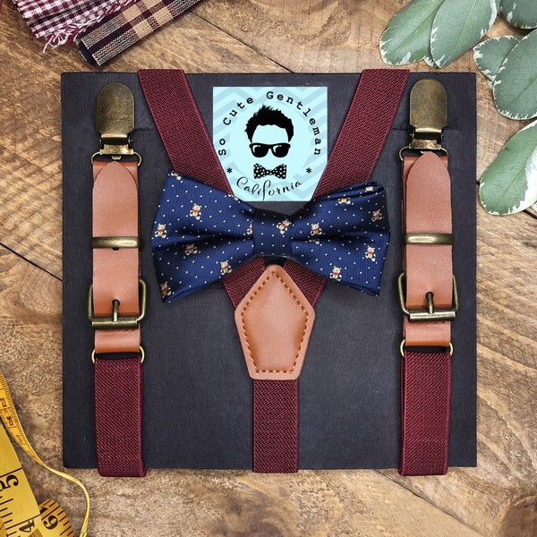 Boys Marsala Suspenders and Blue Teddy-bears Plaid Bow Tie Set, Wedding Suspenders, BowTie, Boys Bow Tie Set, Baby Bowtie for Birthday