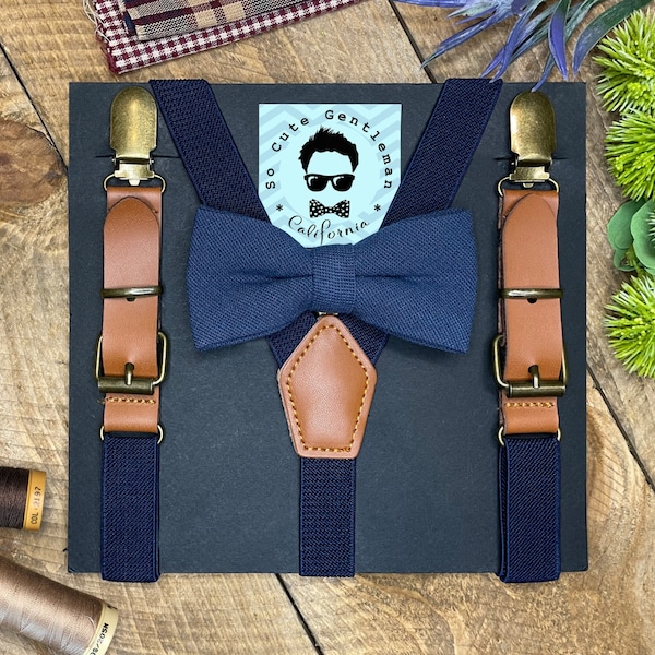 Boys Navy Blue Suspenders and Navy Blue Bow Tie Set, Wedding Suspenders, BowTie, Boys Bow Tie Set Baby Bowtie for Birthday | Cake Smash Kids