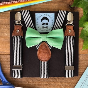 Boys Black & White Striped Suspenders and Mint Bow Tie Set, Wedding Suspenders, BowTie, Boys Bow Tie Set, Baby Bowtie for Set Ring Bearer