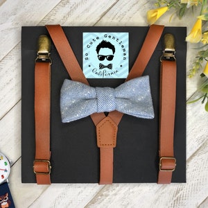 Kids Skinny Leather Brown Suspenders and Blue Woolen Bow Tie Set, Wedding Suspenders, BowTie, Boys Bow Tie Set, Baby Bowtie for Birthday