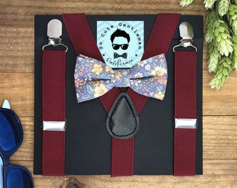 Boys Marsala Suspenders and Floral Bow Tie Set, Wedding Suspenders, BowTie, Boys Bow Tie Set, Baby Bowtie Kids First Birthday | Wedding