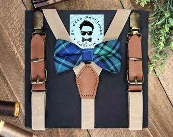 Boys Beige Suspenders and Plaid Blue & Green Bow Tie Set, Wedding Suspenders, BowTie, Boys Bow Tie Set, Baby Bowtie for Birthday Kids