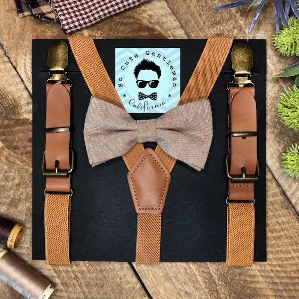 Boys Camel Suspenders and Brown Bow Tie Set, Wedding Suspenders, BowTie, Boys Bow Tie Set, Baby Bowtie for Birthday | Cake Smash