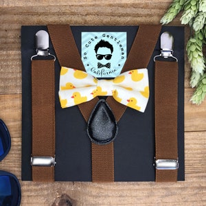 Boys Coffee Brown Suspenders and Ducks Bow Tie Set, Wedding Suspenders, BowTie, Boys Bow Tie Set, Baby Bowtie First Birthday | Wedding