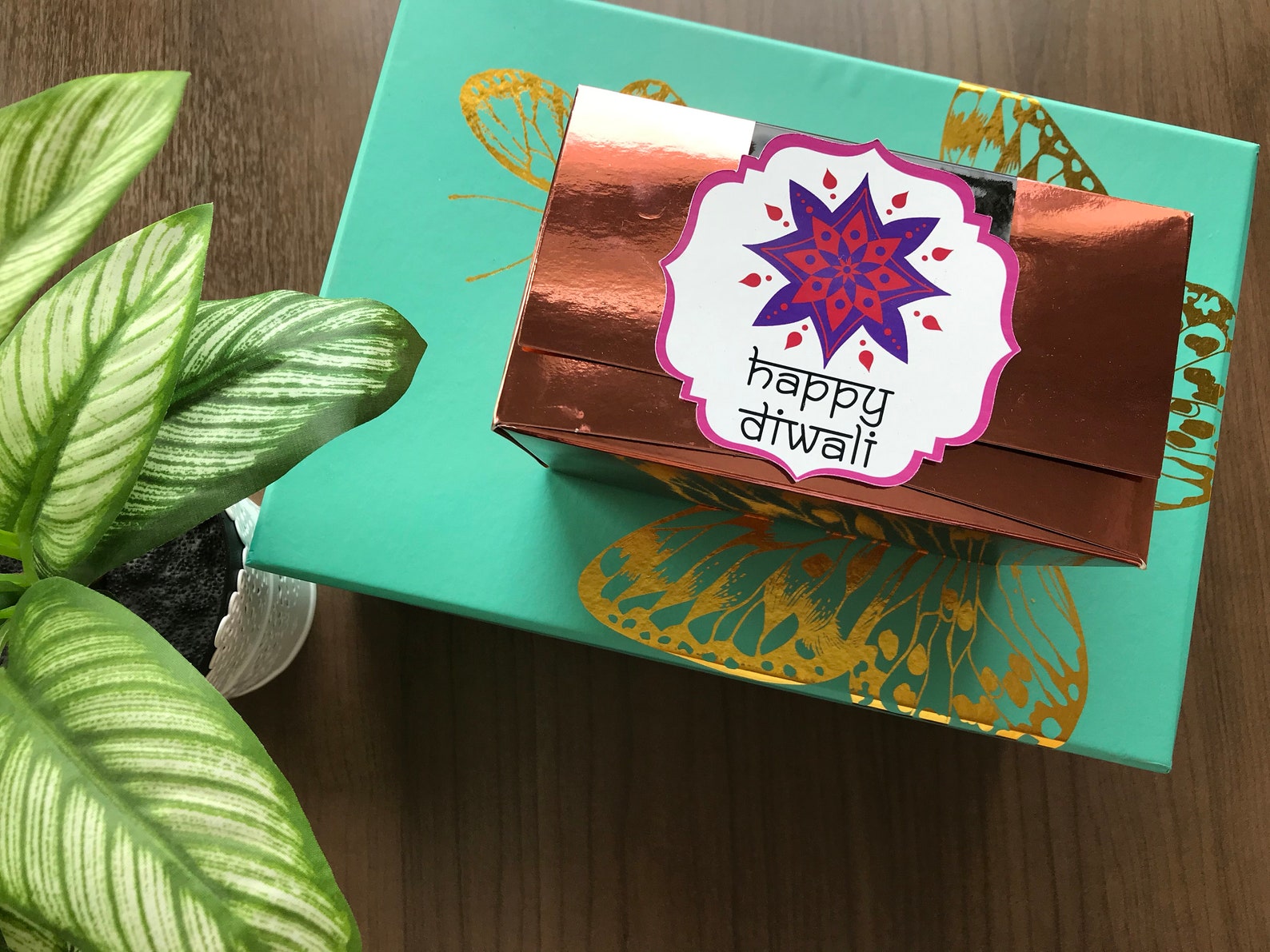 thumbnail image 2 of 24 X Personalised Happy Diwali Stickers – Mithai Box Sweet Treats – 45mm, Green Diva Design 2 of 6