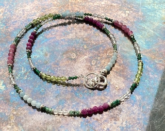 Bunte Edelstein Kette | Geburtsstein Schmuck | Silber Halskette Damen | Echte Edelsteine | Heilstein Wirkung | Sommer Schmuck Geschenk