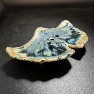 Stoneware soap dish, ceramic ginkgo leaf, dark blue