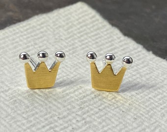 Stud earrings crown gold, gift for kings, princess summer jewelry, elegant gift packaging, mini stud earrings sterling silver