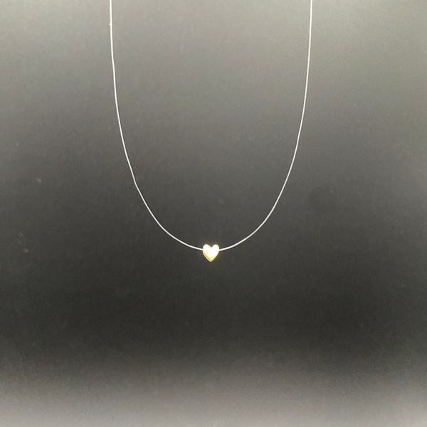 Unsichtbare Halskette mit Herz Anhänger Gold, Hochzeitshalskette für Braut, Zarte Halskette mit kleinem Gold Herz, Sommer Schmuck Geschenk