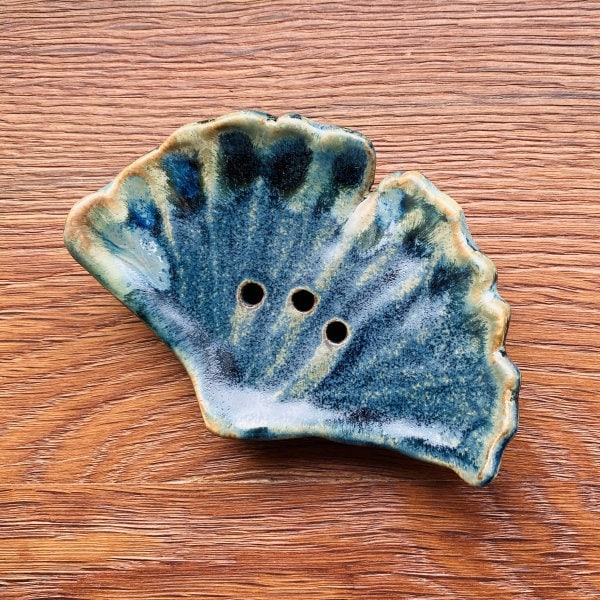Steinzeug Seifenschale, Keramik Ginko Blatt, dunkelblau