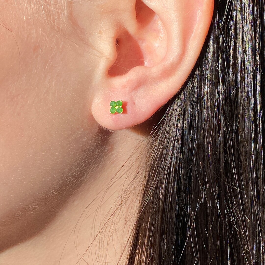 Hand Carved Green Jade Rose Flower Stud Earrings - Dainty Healing Gemstone, Sterling Silver, Nickel-Free (Made In USA)