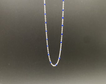 Silver necklace with enamel beads, women's necklace with blue balls, delicate faceted anchor chain, layering summer jewelry sterling silver