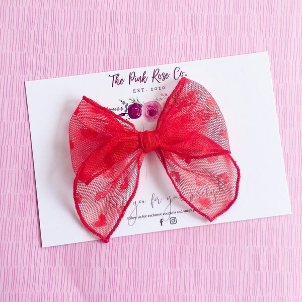 Red Valentine’s bow - Red Tulle bow - Heart tulle Bow - Longtail  bow for girls - girls Valentine’s  bow