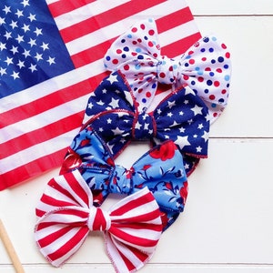 Fourth of July Longtail Bows - Rolled hem bows for girls - Patriotic Bows - American flag bow for girls - Stars and stripe bows