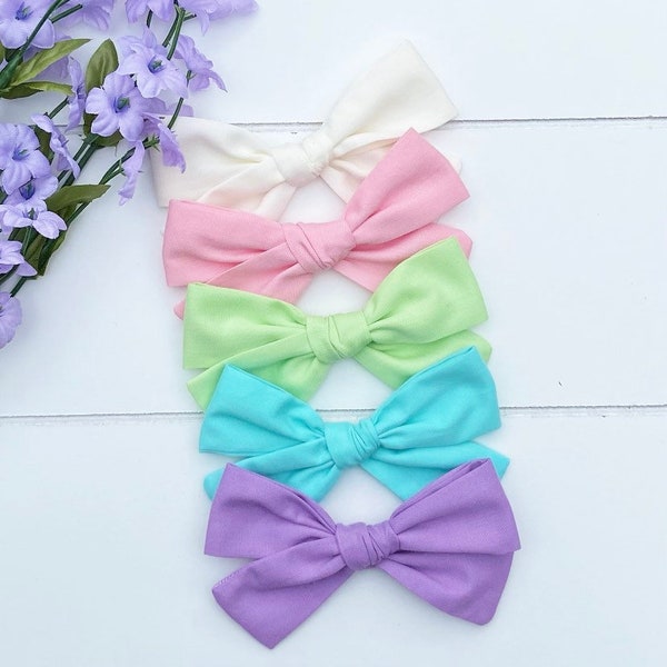Pastel Cotton Pinwheel Bows, Pastel Easter Bows, solid color spring bows, yellow, pink, green, blue and lavender bows on Nylon or Clip