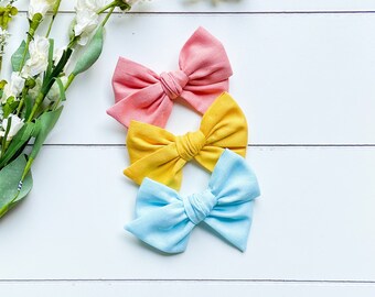 Back to school pinwheel bows - yellow, blue and pink cotton bows - Pinwheel Bows on headbands or clip - Cotton pinwheel bow for girls