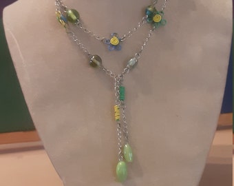 Floral and Bead Lariat Necklace
