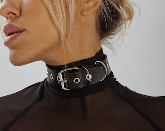 Wide choker collar, Leather collar o ring, Leather choker collar for women, Leather collar sub, Leather choker goth