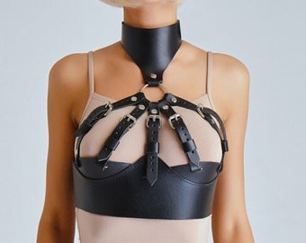 Cage bras and harnesses, Leather bra harness, Leather lingerie for women, Leather cupless bra, Corset for woman, Collar and harness