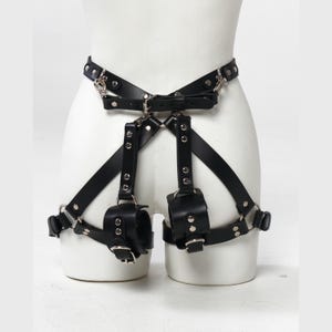 Waist to Leg Harness, Leather Strap Harness Butt Suspenders, Harness With Hand Cuff, Harness Brown Leather, Thigh Harness With Handle