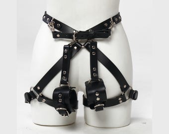 Waist to Leg Harness, Leather Strap Harness Butt Suspenders, Harness With Hand Cuff, Harness Brown Leather, Thigh Harness With Handle